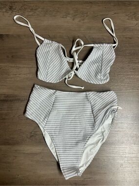 JMP the Label High-Waist Striped Bikini Set — White & Light Gray